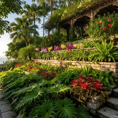 Terraced Tropical Garden With Vibrant