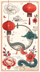 Illustration of a snake surrounded by clouds, flowers, and lanterns in a beige, red, and teal color scheme
