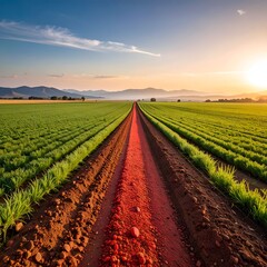 Rural landscape long road through fields at sunrise, mountains distant