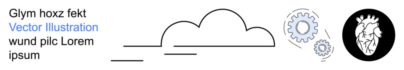 Fototapeta premium Cloud computing, innovation, health technology, digital systems, data processing, smart engineering. Cloud shape, gears and heart symbol on a black background. Cloud computing and innovation concept