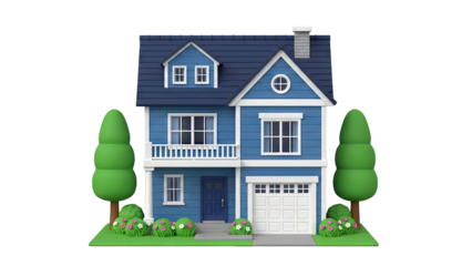 Cartoon Blue House with Garage and Garden