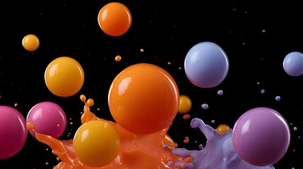 Vibrant colorful liquid bubbles and spheres splashing dynamically against a black background