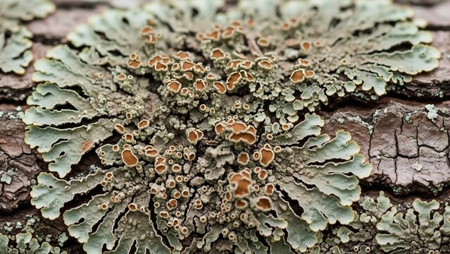 Textured lichen with pale green, wavy lobes and orange apothecia growing on rough tree bark