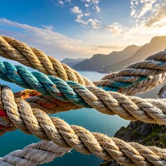 Close-up of ropes framing seascape with mountains under a sunny sky