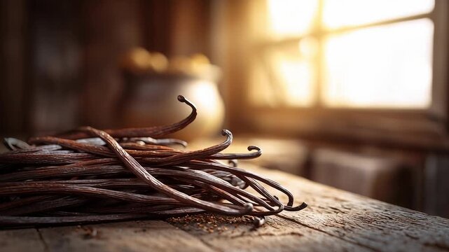 Vanilla beans rustic kitchen food scene, natural vanilla pods on aged wooden table, warm morning light from side window, cozy farmhouse kitchen atmosphere, shallow depth of field, clean composition