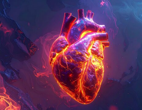 A glowing, anatomically correct human heart with vibrant orange and yellow veins on a dark background