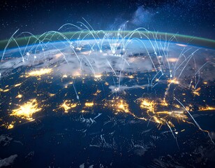 Earth at night with connecting lines overlaid, showcasing global communication