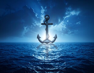 Silver anchor floats on ocean with sunburst background and sky