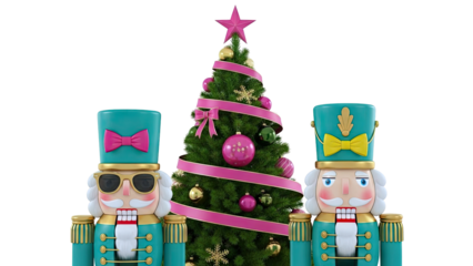 Two Nutcrackers and a Decorated Christmas Tree