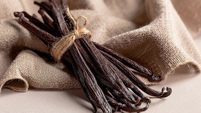 Vanilla beans spice still life, natural food ingredient photography, organic vanilla pods on neutral background, soft natural lighting, clean composition, high detail texture, commercial food 