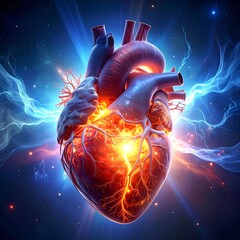 A glowing human heart, encircled by electric energy, on a dark background