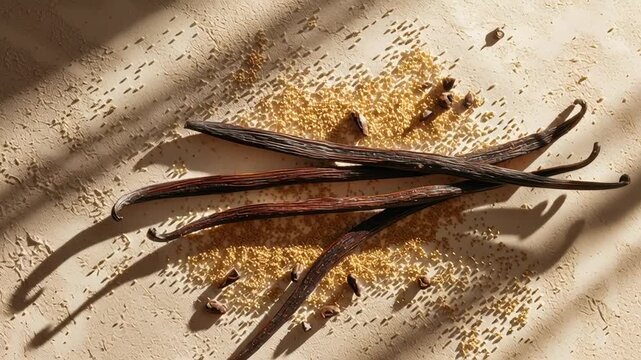 Vanilla beans spice usage in cooking, close-up of vanilla pods with fine seeds sprinkled, elegant kitchen surface, calm lighting, premium food storytelling style, uncluttered editorial composition
