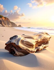 Driftwood lies on sandy beach as sun sets over ocean waves