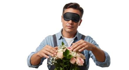 A man wearing a blindfold, carefully tending to a bouquet of beautiful flowers, exploring his other senses beyond vision. He's exploring beauty and is in tune with his senses, isolated on transparent 
