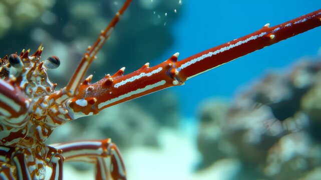 Close Up of Spiny Lobster Moving Antennae Underwater on Coral Reef