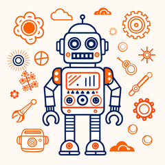 Robot surrounded by gears and nature