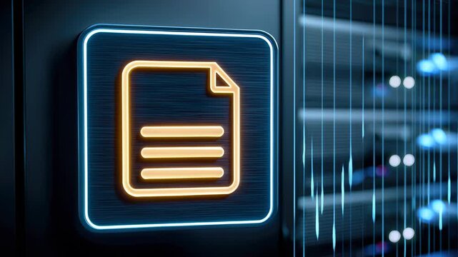 Digital document icon glowing server panel and rack conveying secure file storage, fast data access and modern storage interface