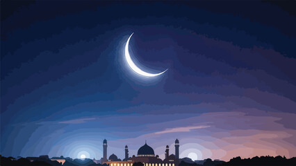 A serene night scene with a crescent moon over a mosque © Zoro