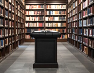 A library's aisle with rows of books and a dark leather stool
