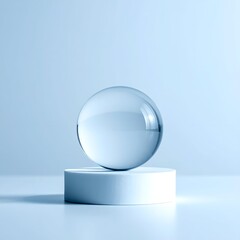 Crystal sphere on white pedestal, light blue backdrop