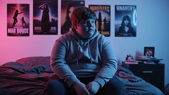 A chubby teen boy sits sadly in the moody, neon-lit prison of his bedroom, surrounded by movie posters.