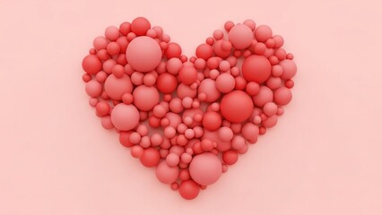 Heart shape formed by numerous red spheres of varying sizes on a soft pink background representing love