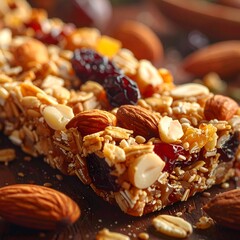 Close-up of a textured granola bar with visible nuts and dried fruits