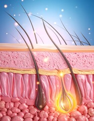 Cross-section illustration of skin layers with hair follicles, glowing