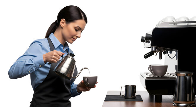A barista expertly pouring hot water into a cup, preparing for a coffee. The image highlights the barista&rsquo;s skill and the coffee-making process, isolated on transparent background