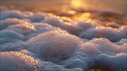 Close up of foamy sea bubbles catching the warm glow of golden hour sunlight on the ocean surface