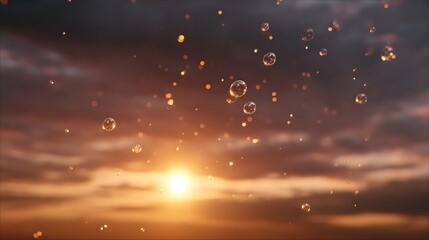 Transparent bubbles drift and float in the warm glowing light of a dramatic sunset sky filled with clouds creating a serene atmosphere