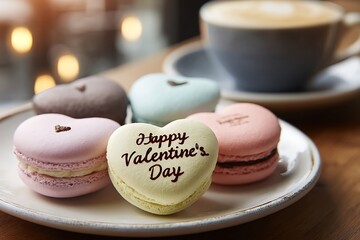 A plate of heart-shaped macarons with a Happy Valentine's Day message on one of them sits next to a cup of coffee