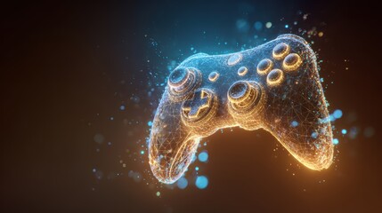 Fun gaming entertainment. A digital artwork of a game controller rendered in a digital art style, featuring a wireframe of connected lines and dots, set against a dark background.
