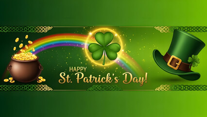 Vibrant St. Patrick's Day banner with shamrock and rainbow