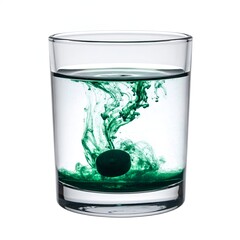Tablet dissolving in a glass of water, creating a green swirl