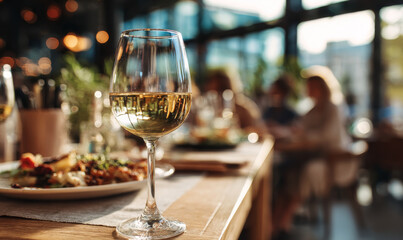 Fototapeta premium Glass of white wine on wooden table with blurred people dining in cozy restaurant setting, creating warm and inviting atmosphere