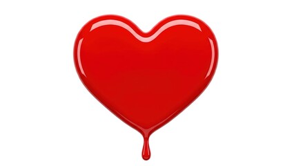 Red glossy heart shape with a shiny finish and a single drop falling from the bottom point on a white background