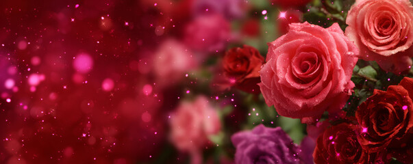 Vibrant red rose with pink and purple roses in background surrounded by sparkling light effects creating romantic atmosphere