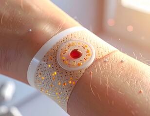 Close-up of a wrist with a skin patch emitting small particles