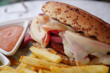 Delicious sandwich with fries and sauce at a local eatery