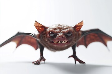 A mischievous brown bat with a grumpy face spreading its wings against a bright white background showcasing detailed