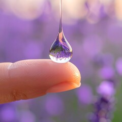 Macro shot of water drop reflecting field of purple blooms on fingertip
