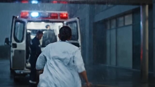 Doctor rushes to help patient arriving by ambulance at hospital emergency room entrance.