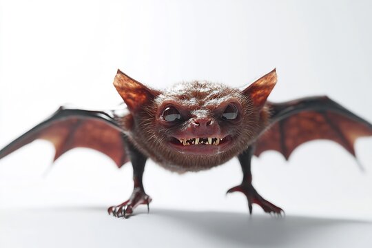 Creepy brown bat with spread wings and sharp teeth, scary flying mammal on white background, spooky vampire bat character for Halloween