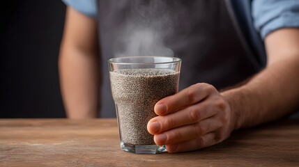 A hand holds a clear glass filled with chia seeds and water with steam rising suggesting a warm healthy beverage