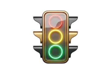 Traffic light with glowing lights isolated on transparent background