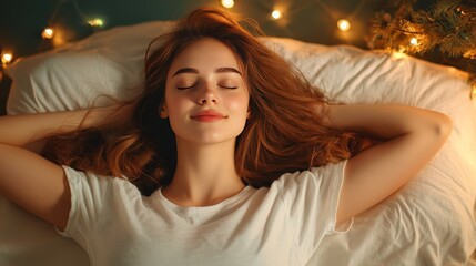 Peaceful Young Woman Relaxing in Bed with Cozy Warm Lights