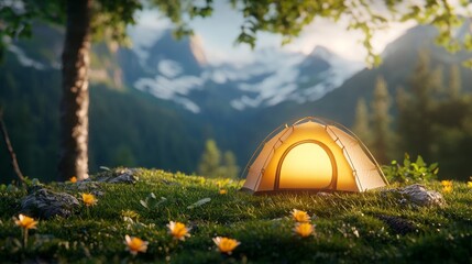 Cozy Camping Tent Glowing in a Serene Mountain Meadow at Golden Hour