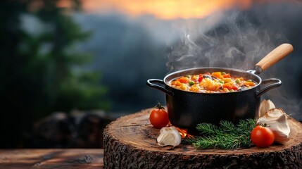 Steaming Hearty Stew Cooking Outdoors with Fresh Ingredients at Sunset
