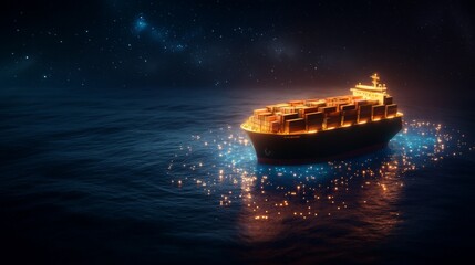 Illuminated Container Ship Sailing on Luminous Ocean Under a Starry Night Sky